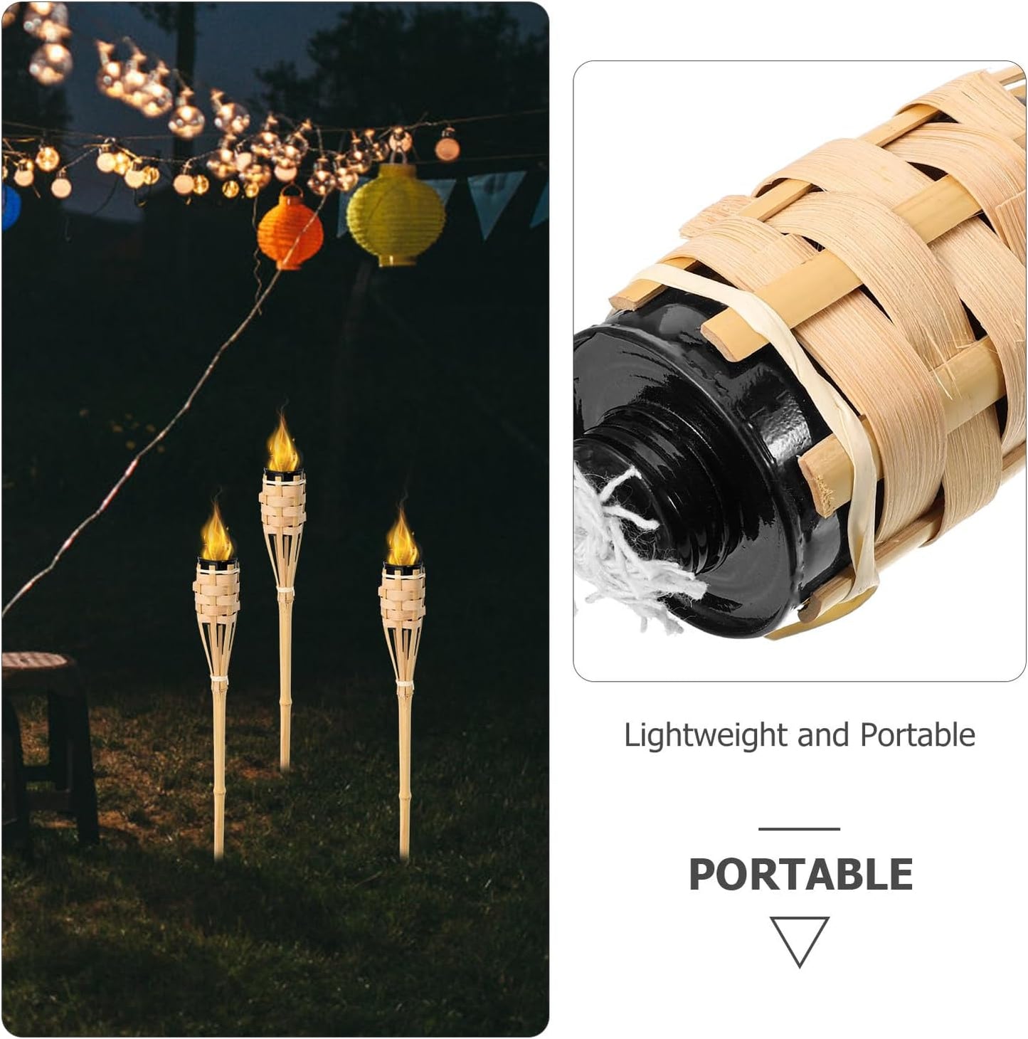 Natural Bamboo Mahogony Tiki Torch Wicker & Rope