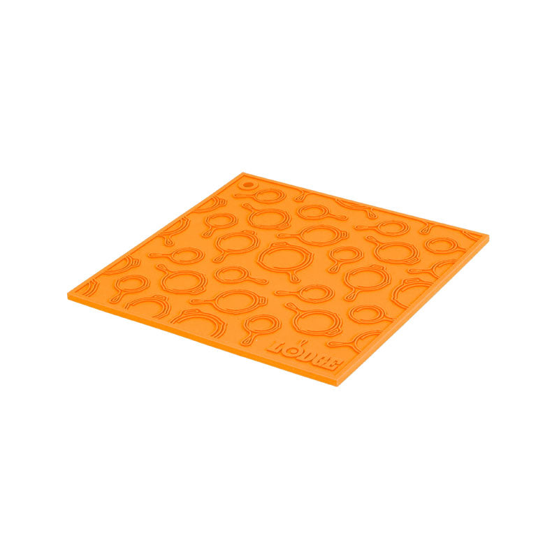 Lodge 7 Inch Square Orange Silicone Trivet With Skillet Pattern AS7SKT61