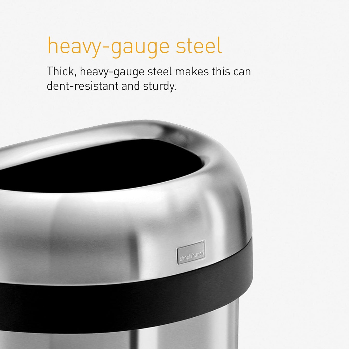 Simplehuman 60 Liter Large Semi-Round Open Top Trash Can Commercial Grade Heavy Gauge, Brushed Stainless Steel