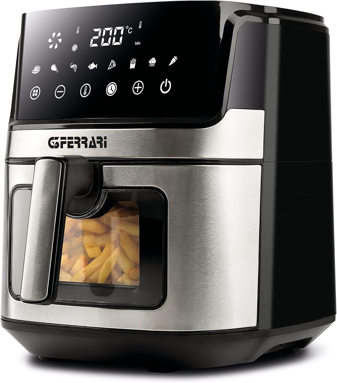 G3Ferrari Friggisano Visual Hot Air Fryer, 1700 W, 6.5 L, 8 Programmes, Digital Display, BPA & PFOA Free, Timer, Interior Lighting, Recipe Book Included, Silver Grey/Black