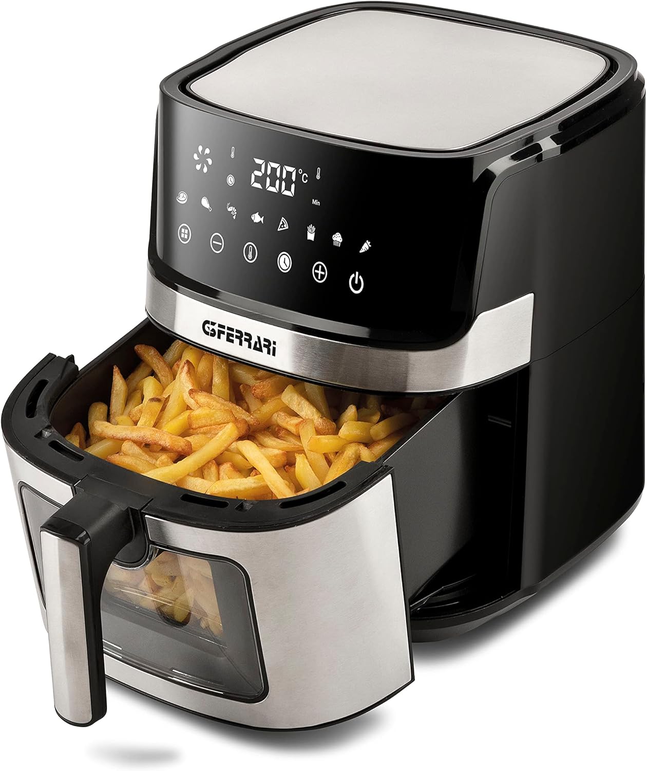 G3Ferrari Friggisano Visual Hot Air Fryer, 1700 W, 6.5 L, 8 Programmes, Digital Display, BPA & PFOA Free, Timer, Interior Lighting, Recipe Book Included, Silver Grey/Black