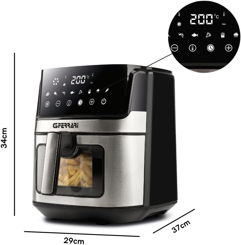 G3Ferrari Friggisano Visual Hot Air Fryer, 1700 W, 6.5 L, 8 Programmes, Digital Display, BPA & PFOA Free, Timer, Interior Lighting, Recipe Book Included, Silver Grey/Black