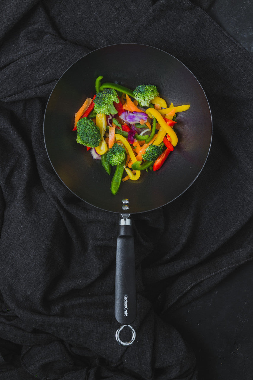 KitchenCraft World of Flavours Oriental Carbon Steel Non-Stick Wok, 26.5cm