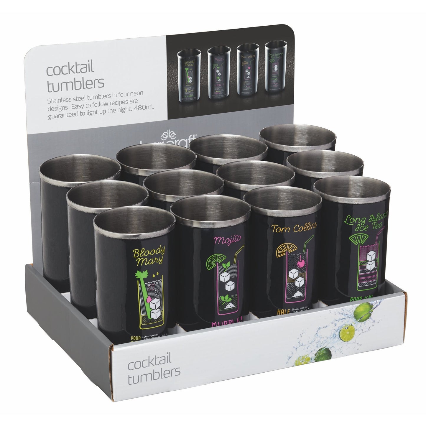 KitchenCraft BarCraft Display of Twelve 480ml Stainless Steel Neon Tumblers BCMUGNEONDISP12 - Home & Beyond