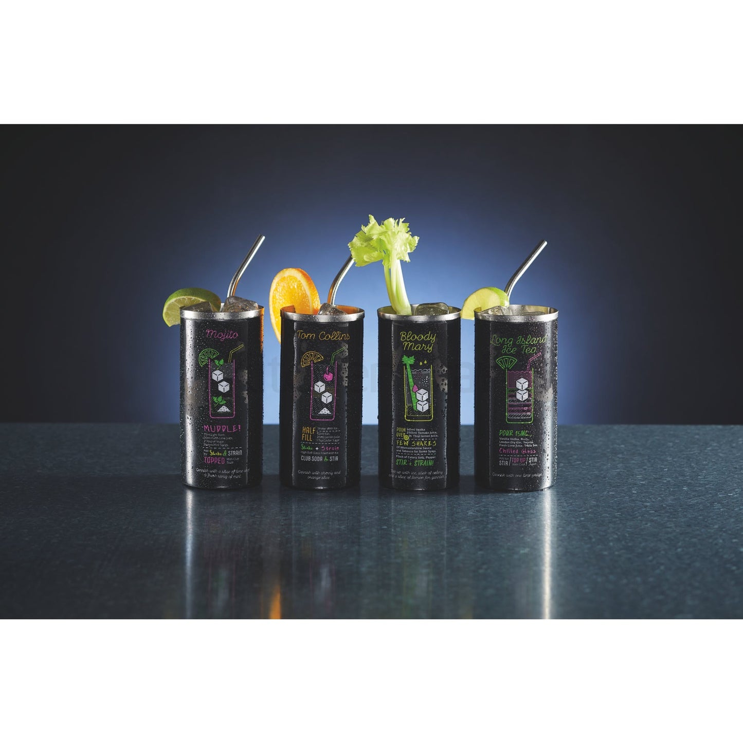 KitchenCraft BarCraft Display of Twelve 480ml Stainless Steel Neon Tumblers BCMUGNEONDISP12 - Home & Beyond