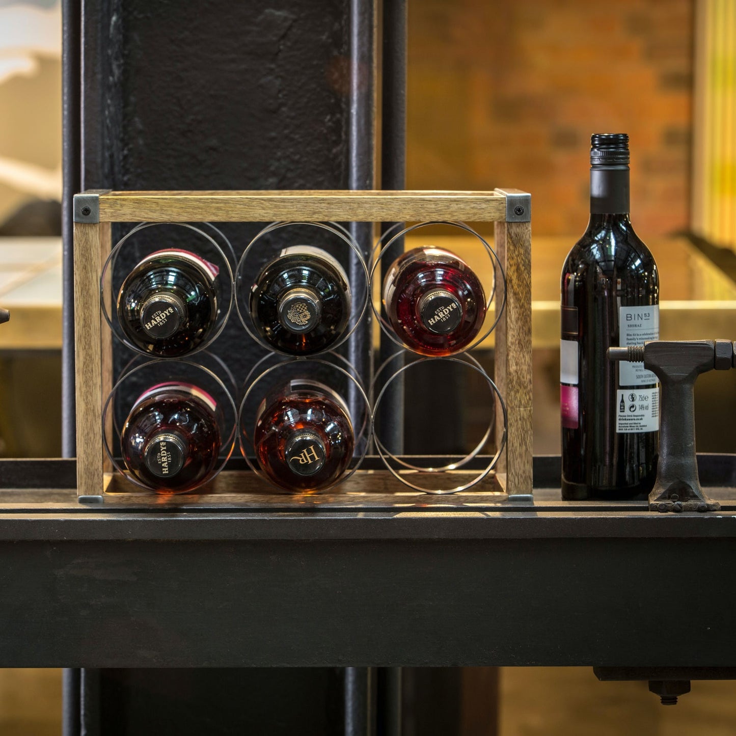 KitchenCraft Industrial Kitchen Vintage-Style 6-Bottle Metal / Wooden Wine Rack INDWR