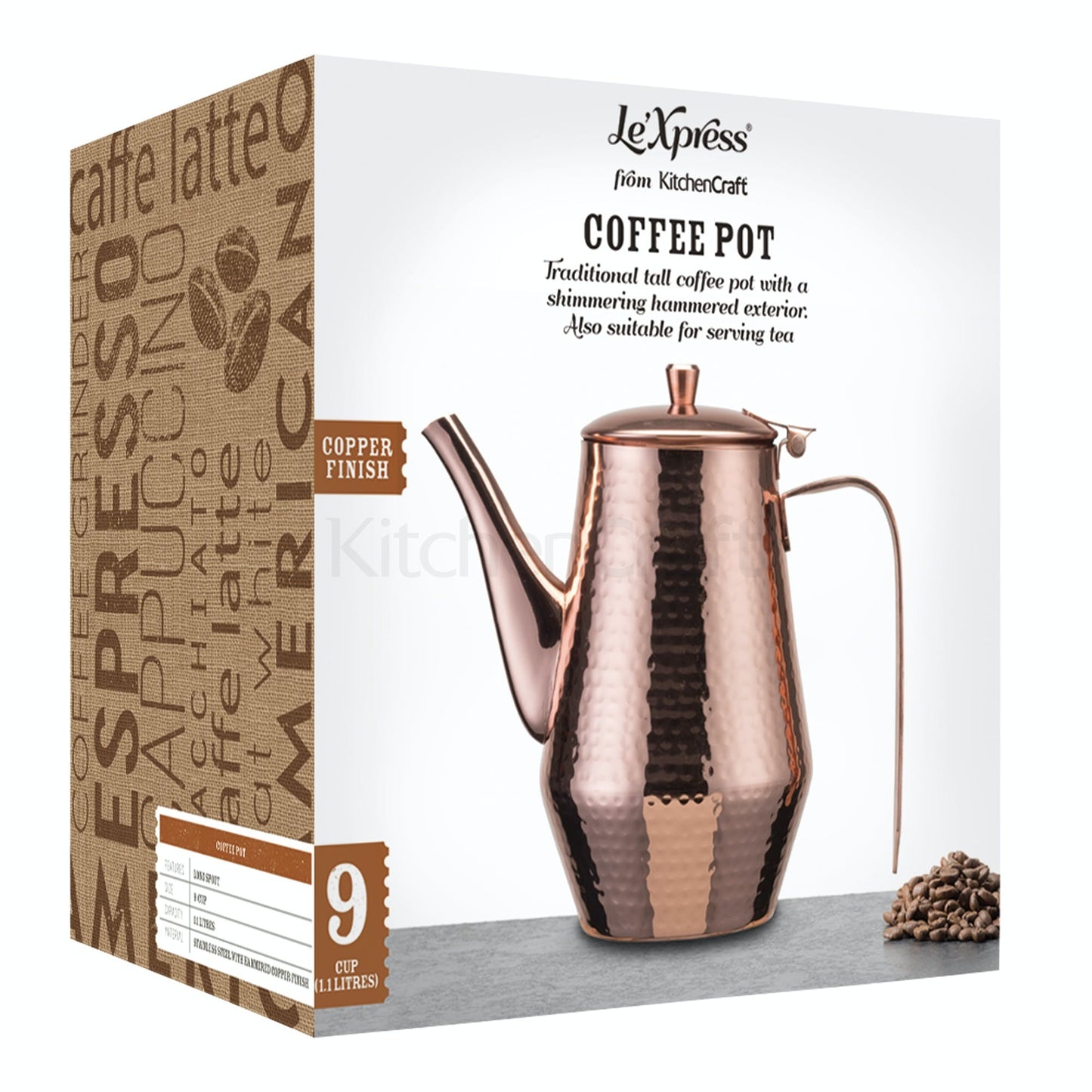 KitchenCraft LeXpress 1.1 Litre Stainless Steel Hammered Copper Finish Coffee Pot KCLXTPOTCOP