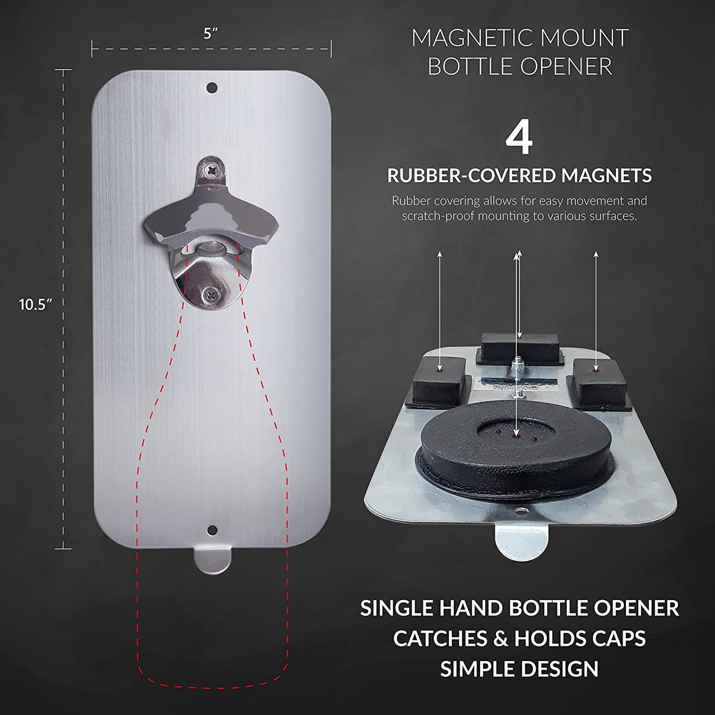 Master Magnetics Magnetic Bottle Opener and Cap Catcher, Brushed Stainless Steel