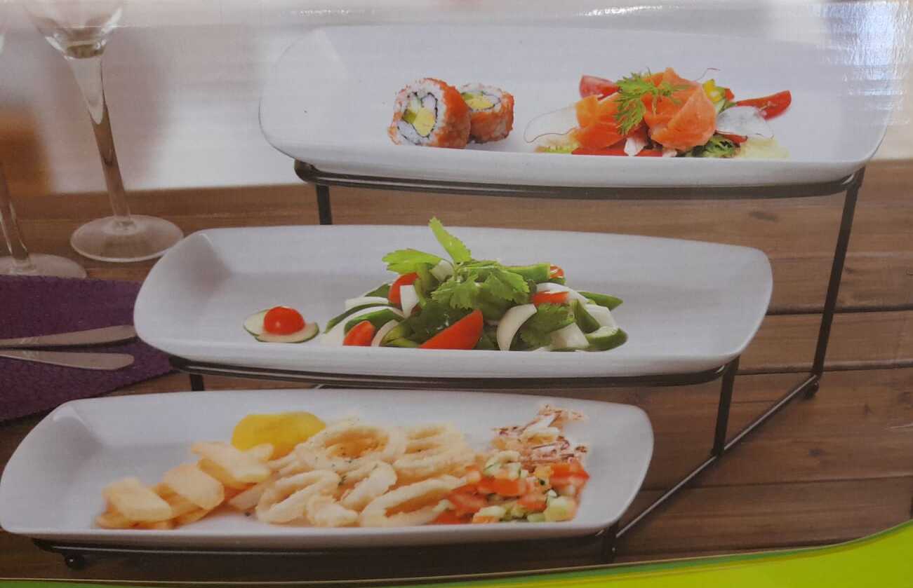 Onemore Ceramic Rectangle 3 Step Platter Set With Black Rack 132.206