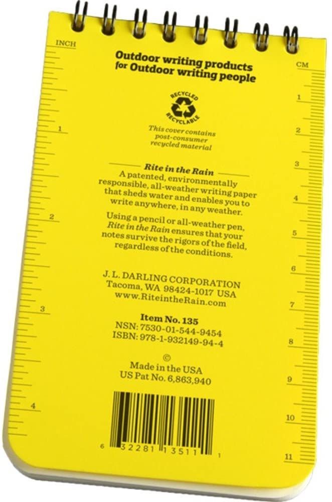 Rite in the Rain All-Weather Top-Spiral Notebook, 3" x 5" Yellow Cover, Universal Pattern.