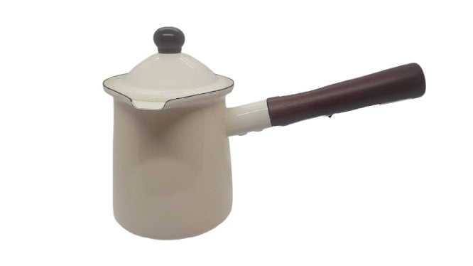 GEMITCO ENAMEL COFFEE WARM 11CM +COVER WOOD HDLE GREY