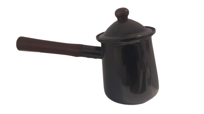 GEMITCO ENAMEL COFFEE WARM 11CM +COVER WOOD HDLE GREY