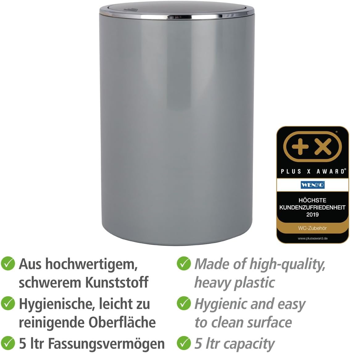 SWING COVER BIN "INCA" 5L GREY