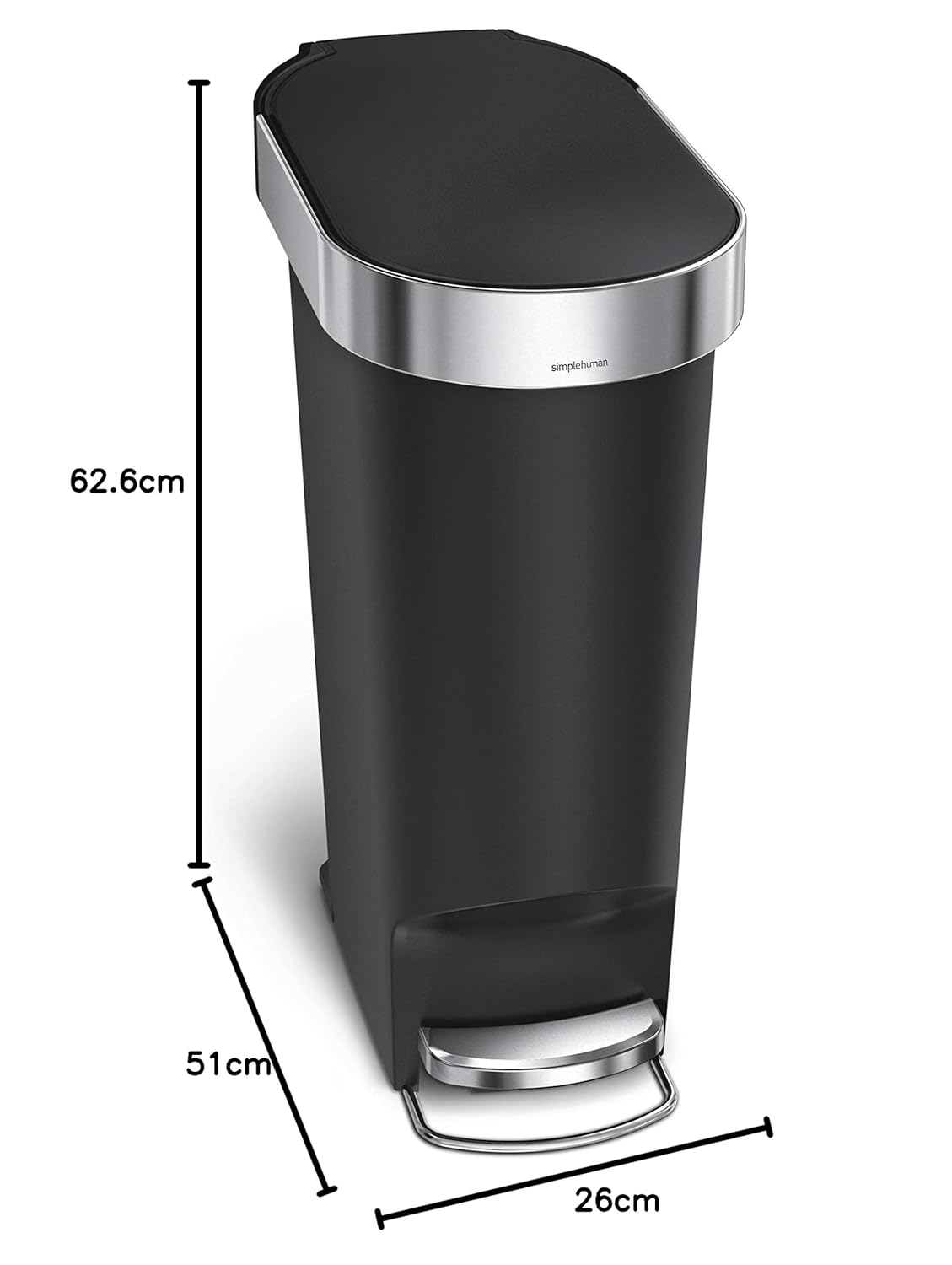 Simplehuman 40L Slim Kitchen Pedal Bin with Liner Rim, Silent Soft Close Lid