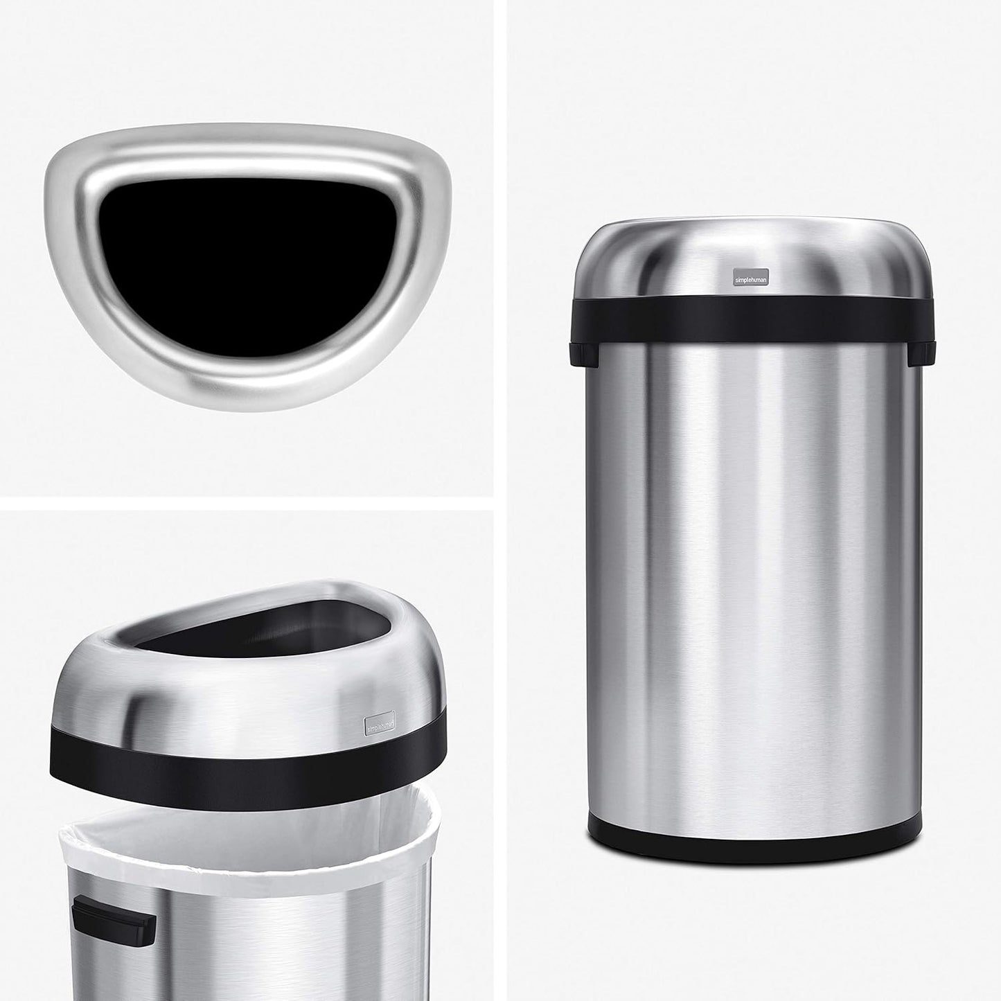 Simplehuman 60 Liter  Large Semi-Round Open Top Trash Can Commercial Grade Heavy Gauge, Brushed Stainless Steel