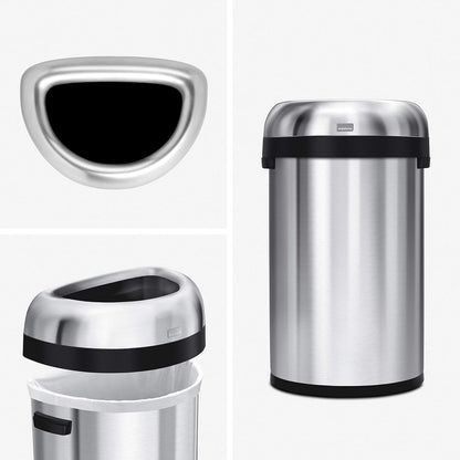 Simplehuman 60 Liter  Large Semi-Round Open Top Trash Can Commercial Grade Heavy Gauge, Brushed Stainless Steel