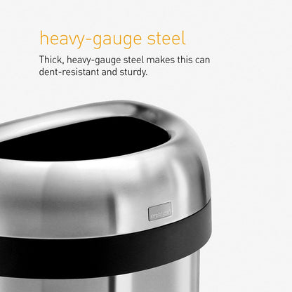 Simplehuman 60 Liter  Large Semi-Round Open Top Trash Can Commercial Grade Heavy Gauge, Brushed Stainless Steel