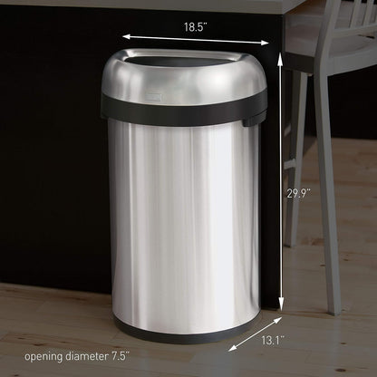 Simplehuman 60 Liter  Large Semi-Round Open Top Trash Can Commercial Grade Heavy Gauge, Brushed Stainless Steel