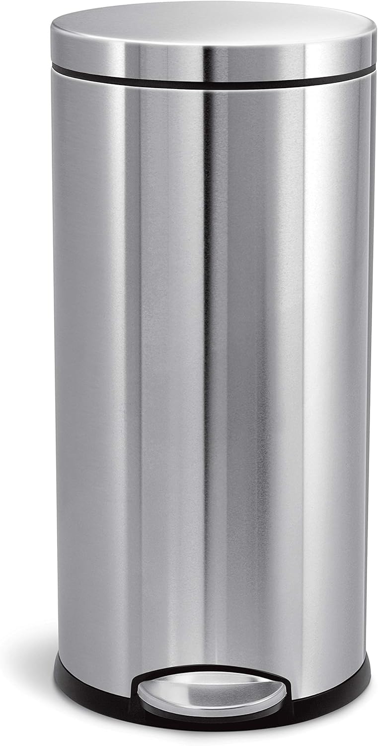 Simplehuman 30 Liter / 8 Gallon Round Step Trash Can, Brushed Stainless Steel