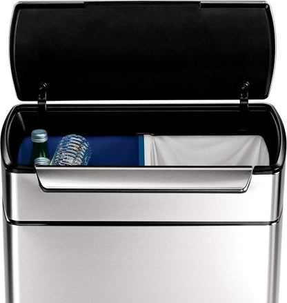 Simplehuman 48 Liter Touch-Bar Dual Compartment Kitchen Recycling Trash Can, Brushed Stainless Steel