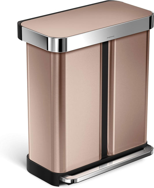 Simplehuman 58L (34/24) Rectangular Recycling Pedal Bin with Liner Pocket, Rose Gold Stainless Steel