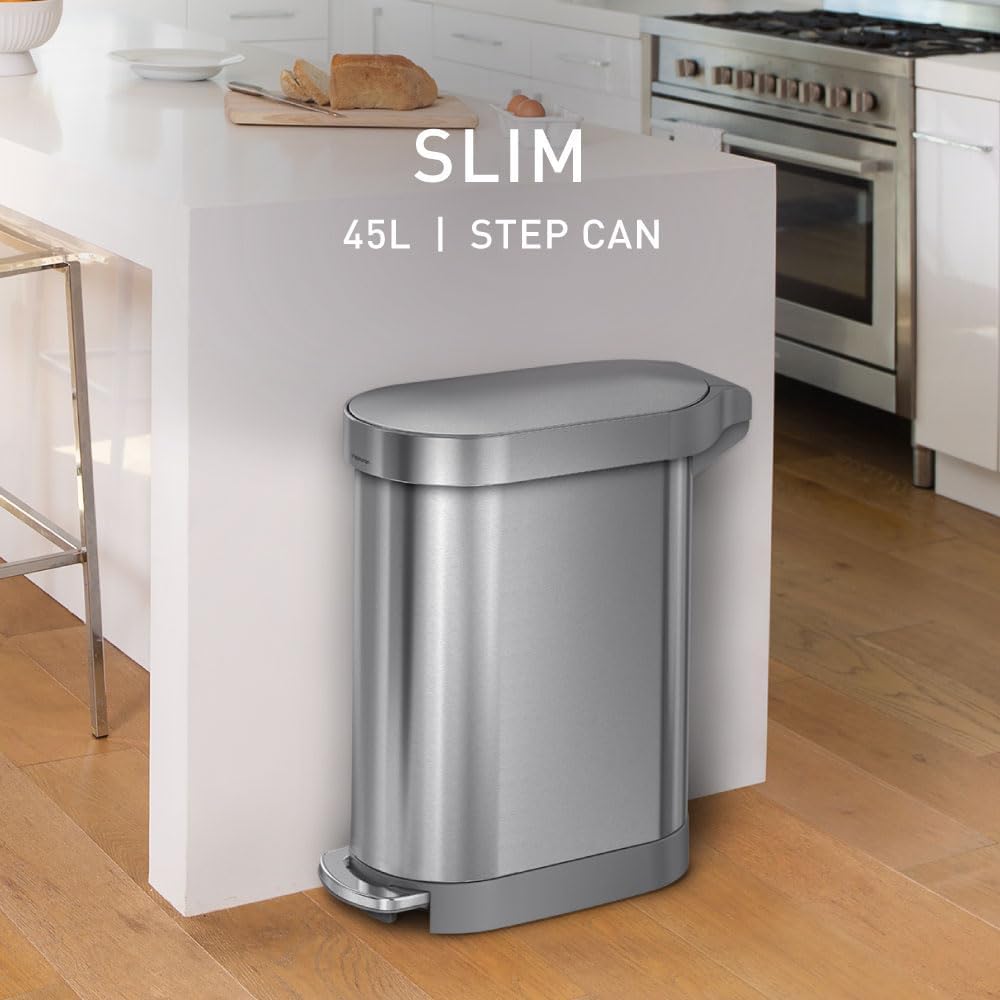 Simplehuman 45 Liter Slim Hands-Free Kitchen Step Trash Can, Brushed Stainless Steel