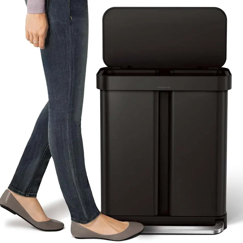 Simplehuman Dual Compartment Pedal Bin, Black Steel, Liner Pocket, 34 & 24L