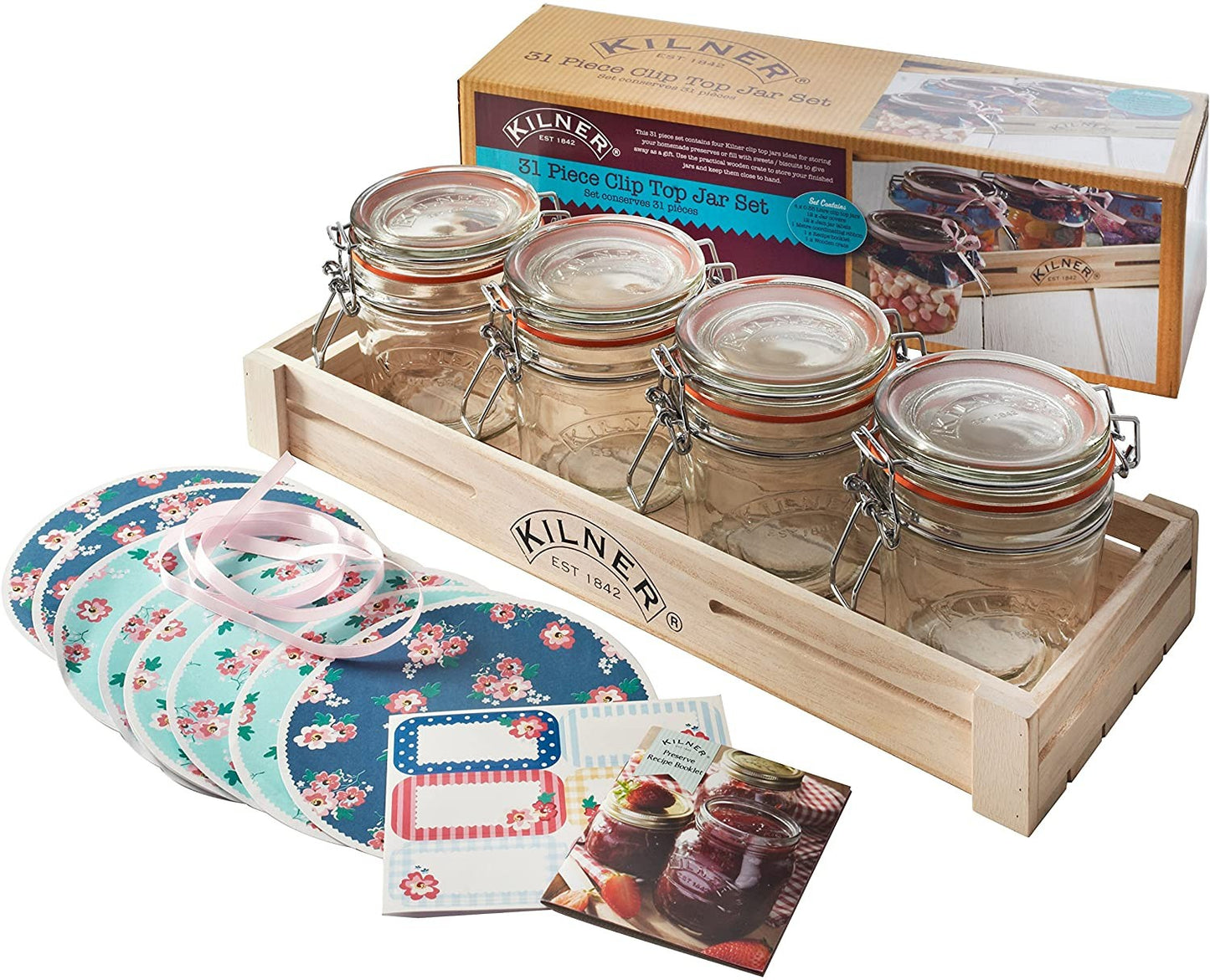 Kilner 31 Piece Clip Top Preserve Jar Set Jars Labels Covers Ribbon 0025477