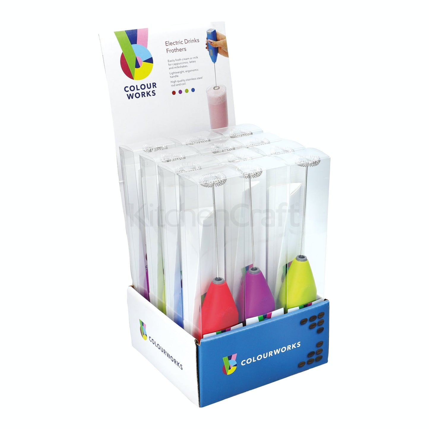 KitchenCraft Colourworks Display of 12 Electric Drink Frothers CWFROTHDISP12