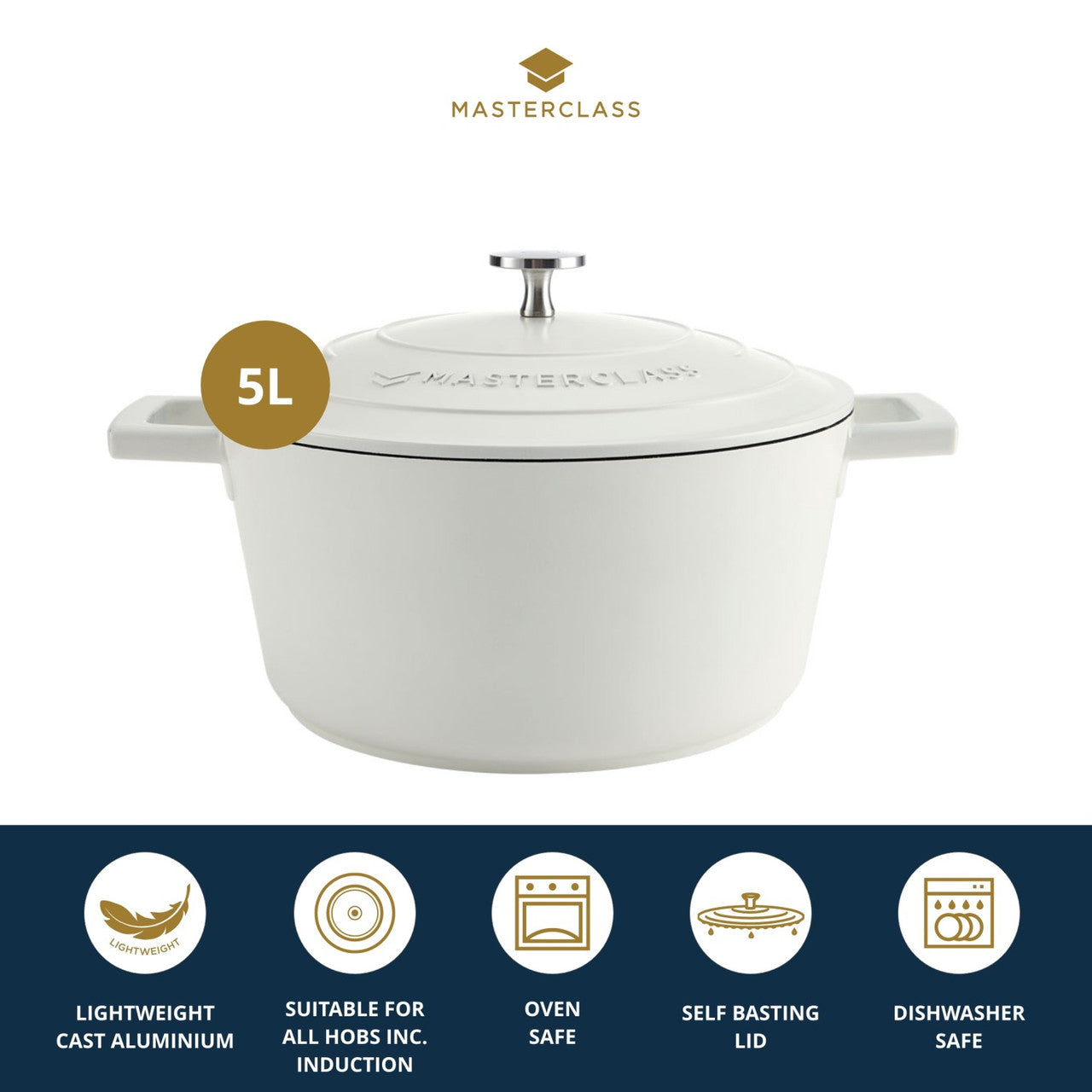 Kitchencraft MasterClass Cast Aluminium Casserole Dish, 5L, Cream