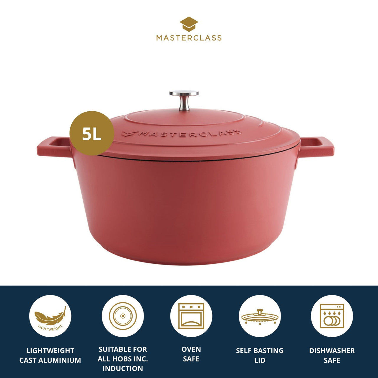 Kitchencraft MasterClass Cast Aluminium Casserole Dish, 5L, Red